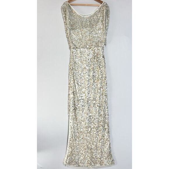 JS Collections Champagne Silver Sequin Gown Formal Evening Maxi Dress Size 12 - Picture 13 of 13